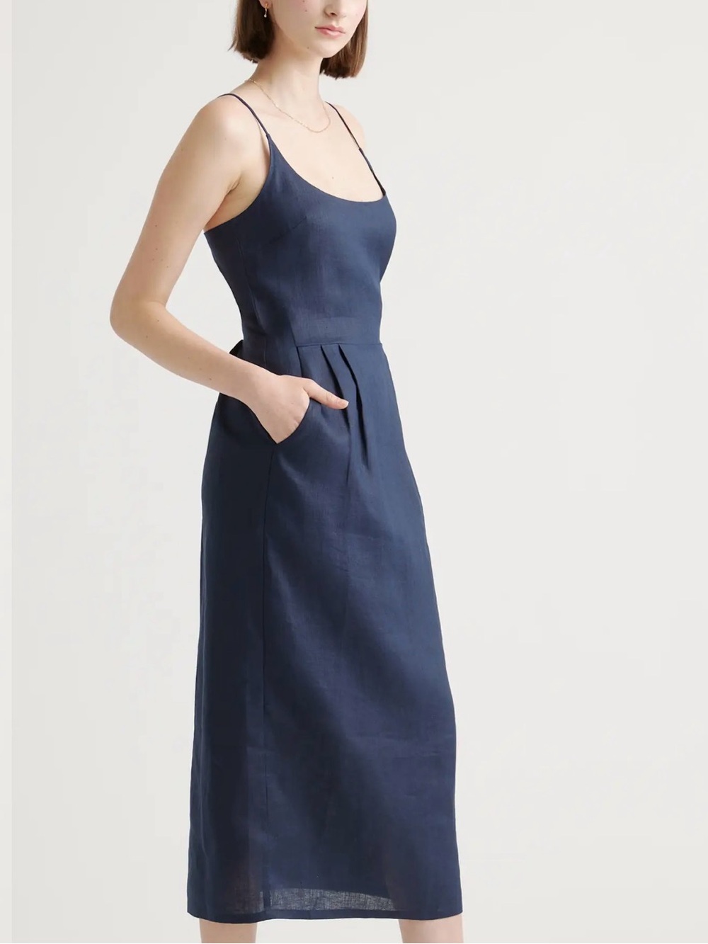 Quince 100% European Linen Scoop Neck Midi Dress in Deep Navy Size XS